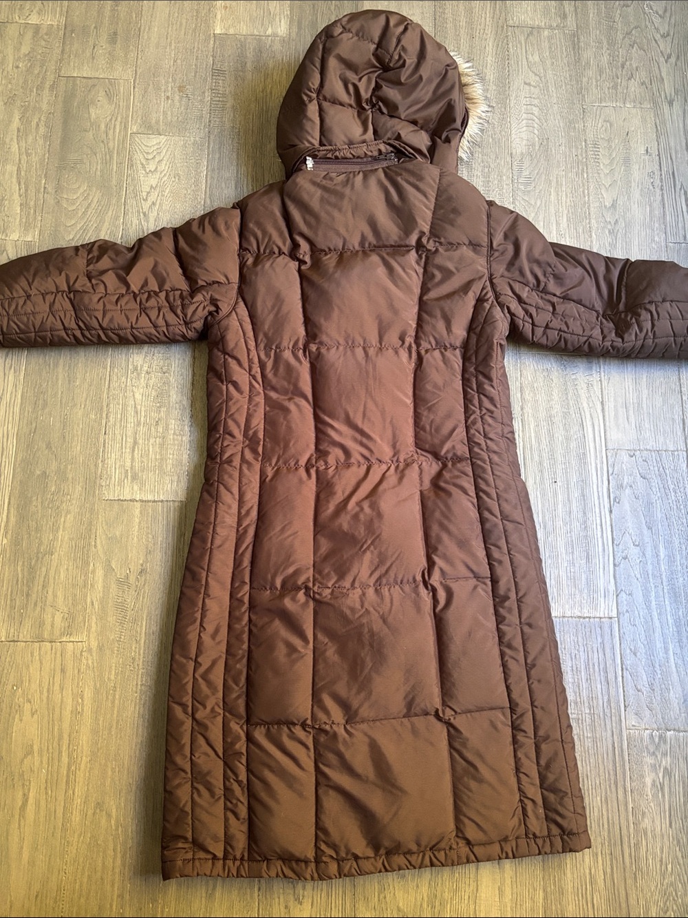 Columbia | Long Quilted Down Feathers Brown Puffer Coat Faux Fur Hood Small - Picture 9 of 10
